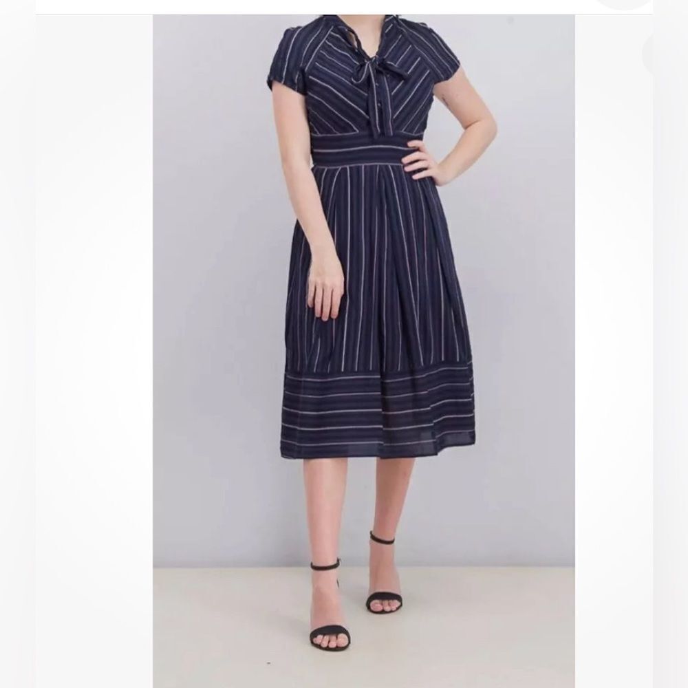 Walter Baker navy striped tie neck midi dress